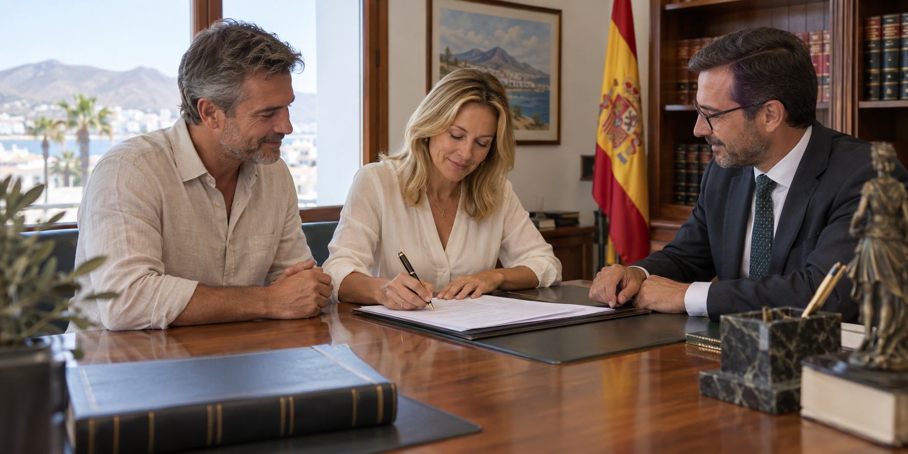 A woman signing the property sale before a Spanish notary with a man beside her